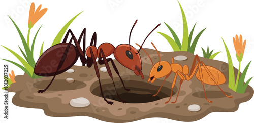 Illustration of two ants communicating near their nest entrance in nature, teamwork, insect behavior, colony life, and ant habitat