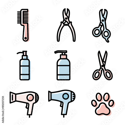 Grooming Tools Set - Comb, Nail Clippers, Scissors, Shampoo, Hair Dryers, Paw Print.
