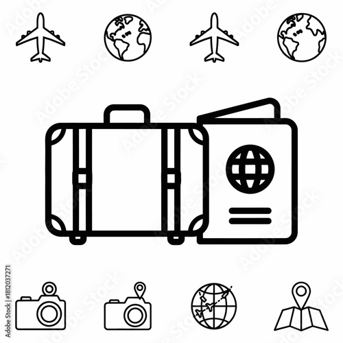 Bold black outline icon of a rectangular travel suitcase with wheels and a passport featuring a globe symbol.