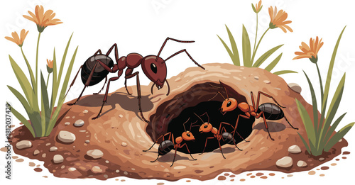Illustration of two ants communicating near their nest entrance in nature, teamwork, insect behavior, colony life, and ant habitat