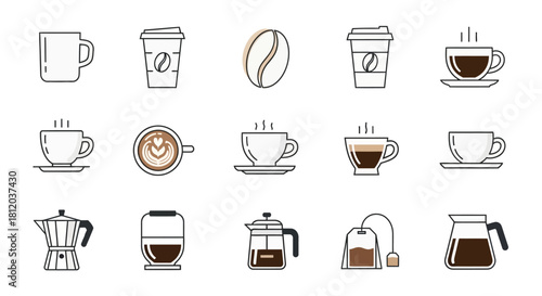 Hand-drawn coffee and tea icon set in a minimalist doodle style, featuring various cups, makers, and a bean.