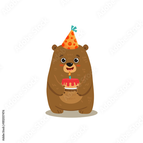 Cute cartoon bear with cake. Teddy bear in flat style for greeting card, book, activity page. Happy birthday postcard. Vector illustration