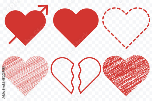 Red heart doodles set. Hand drawn hearts icon collection. Hand drawn heart icons set, love and romance doodles vector. hand drawn heart icon love collection. Doodle hearts Design for Valentines day
