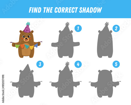 Find correct shadow of cute brown bear. Educational logical game for kids. Cartoon teddy bear with birthday decoration. Vector illustration