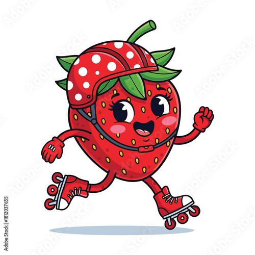 Cartoon Strawberry Character Roller Skating with Helmet and Pads fruit