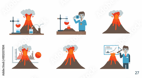 Volcano eruption stages with scientific experiments and analysis in flat illustration