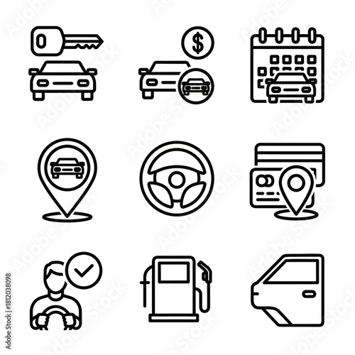 Car Rental Icons Set - Key, Car, Dollar, Calendar, Location, Steering Wheel, Credit Card, Driver, Gas Station, Door.