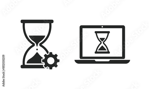 Set of black and white icons representing time management, processing, and waiting on a laptop screen