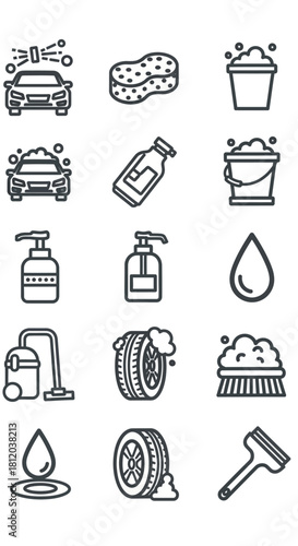 Car Wash Line Icons - Vehicle, Sponge, Bucket, Soap, Tire, Vacuum Cleaner, Water Drop.
