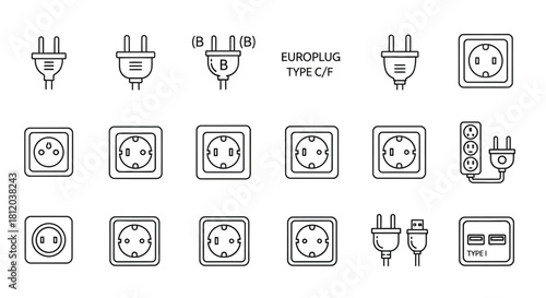 Hand-drawn doodle icon set of Europlug Type C and F electrical power plugs and wall sockets.