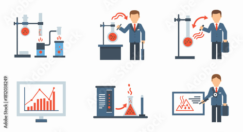 Illustrations depicting a scientist performing experiments with lab equipment and data analysis.