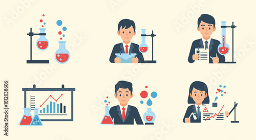 Illustrated scientists and graphs in a laboratory setting, conducting experiments with flasks and analyzing data.