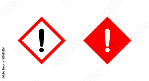 Exclamation mark icon in red diamond shape. Warning and danger symbol