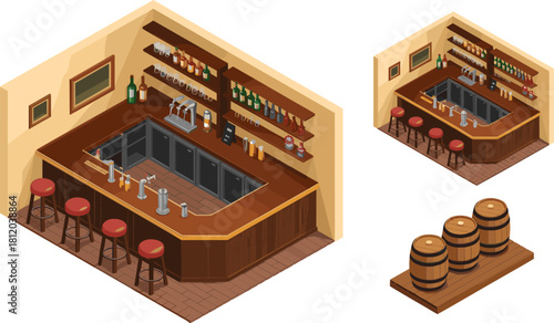 Isometric 3D illustration of a classic wooden bar interior with stools, beer taps, liquor bottles, and vintage barrels for decoration