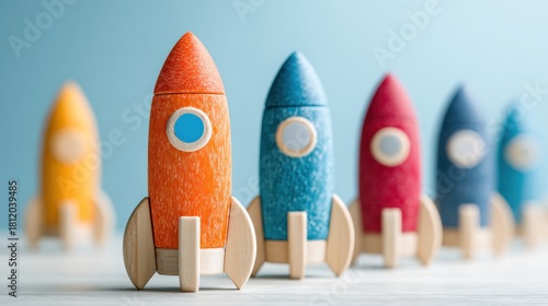 Fototapeta Naklejka Na Ścianę i Meble -  A colorful toy rocket ship with a blue background.