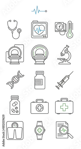 Hand-drawn medical and healthcare icons in a sketchy line art style, featuring a stethoscope, MRI scanner, and DNA helix.