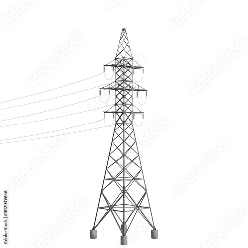 High voltage power transmission tower standing against a plain white background