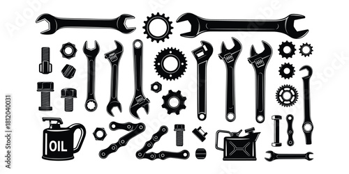 Collection of Black Silhouettes of Tools and Hardware wrench spanner