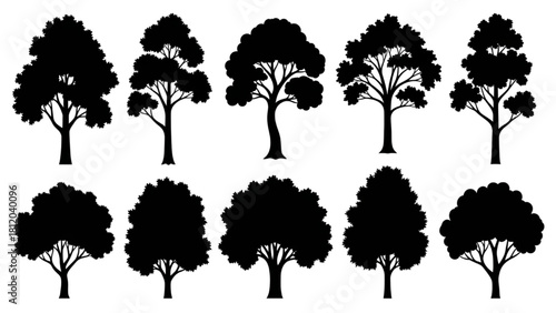 Diverse Botanical Silhouettes A Collection of Various Tree Shapes for Environmental Design and Nature-Themed Graphics