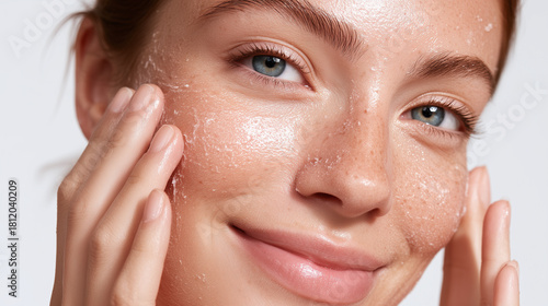 Radiant skin with gentle exfoliating gel applied, close up of smiling woman massaging face, clear complexion, natural beauty, healthy skincare routine