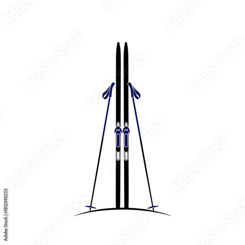 Skis and poles standing upright in snow on a white background  