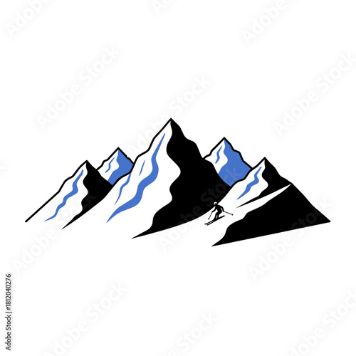 Silhouette of skier navigating steep mountain slope with peaks  