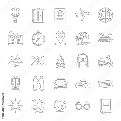 Hand-drawn outline travel and vacation icons set in doodle style for adventure planning.