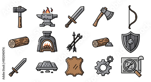 Hand-drawn set of colored medieval crafting and RPG icons with a textured doodle style.
