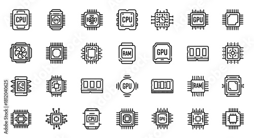 Hand-drawn sketch icon set of computer hardware, including CPU processors and RAM memory modules.