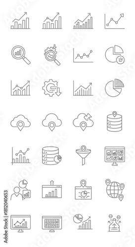 Hand-drawn sketch style icon set for data analytics, business intelligence, and cloud computing.