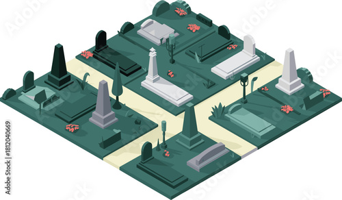 Isometric 3D illustration of a peaceful cemetery with gravestones, pathways, trees, flowers, and monuments, memorial landscape architecture design
