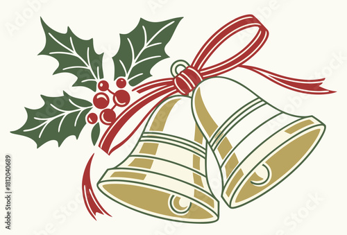 Christmas bells decorated with holly leaves and red ribbon