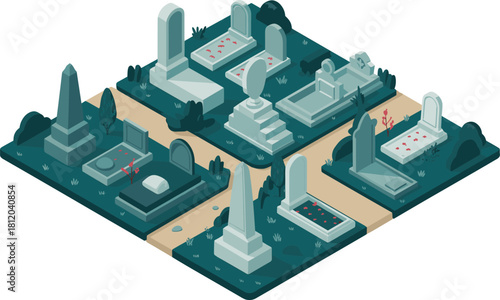 Isometric 3D illustration of a peaceful graveyard with tombstones, flowers, trees, and pathways, cemetery memorial architecture design concept