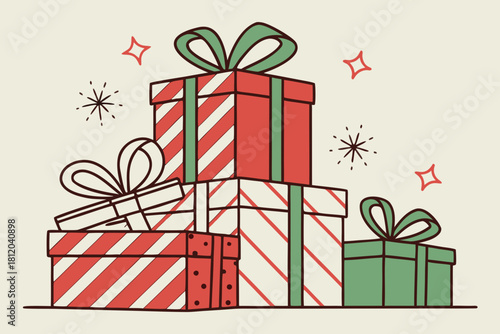 Festive gift boxes stack with ribbons and bows, holiday greetings illustration