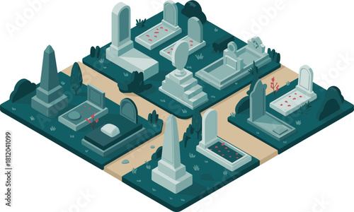 Isometric 3D illustration of a peaceful graveyard with tombstones, flowers, trees, and pathways, cemetery memorial architecture design concept
