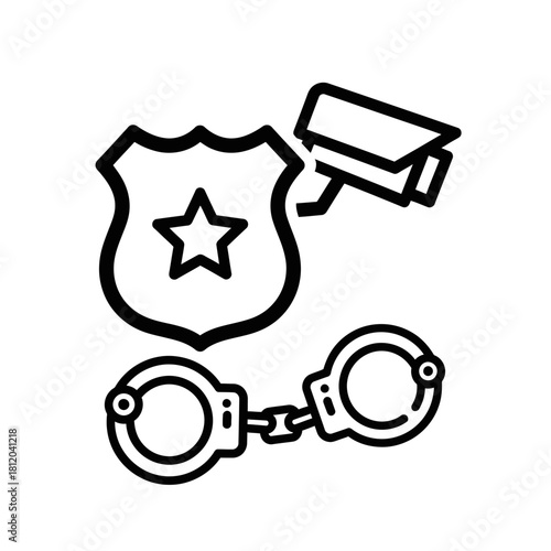 Iconic Police Badge, Security Camera, and Handcuffs Symbolizing Law Enforcement.