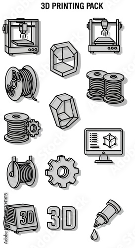 Grayscale hand-drawn 3D printing technology icon pack, featuring printers, filament, and models.