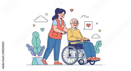 A compassionate caregiver pushes an elderly man in a wheelchair through a park with plants and clouds.