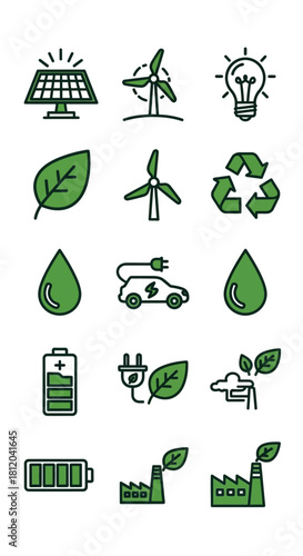 Green eco-friendly line art icons collection for renewable energy, sustainability, and environmental protection.