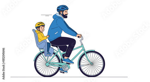 Father and child wearing helmets riding a bicycle together in a park setting.