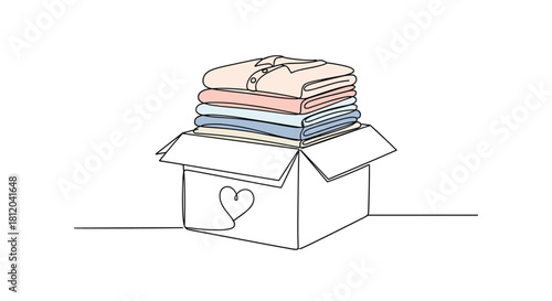 A simple line drawing of a box filled with folded clothes and a heart symbol on the side.