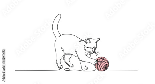 A minimalist line drawing of a playful kitten batting at a pink ball of yarn.