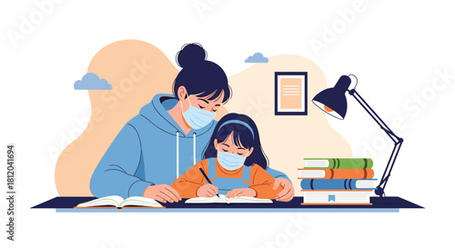 Mother and daughter wearing face masks study together at a desk with books and a lamp.