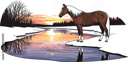 Horse standing by a snowy riverbank at sunset in a winter landscape scene