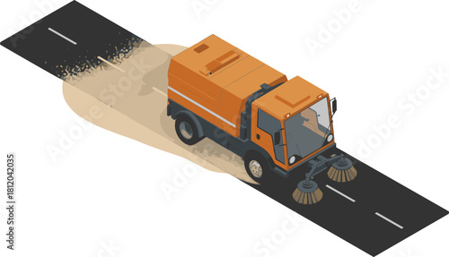 Isometric 3D illustration of an orange street sweeper cleaning asphalt road, municipal vehicle, city maintenance, urban sanitation concept