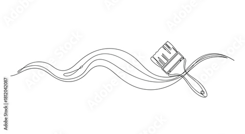 Continuous line drawing of a paintbrush creating a wavy stroke of paint.