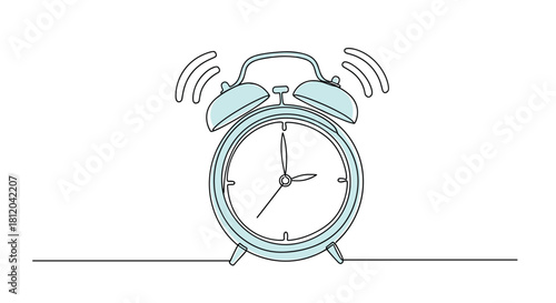 Single continuous line drawing of a ringing alarm clock with a light blue hue.