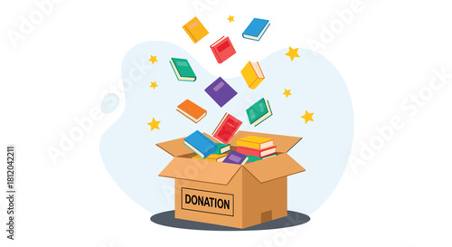 Cartoon illustration of books being donated into a cardboard box with stars in the background.