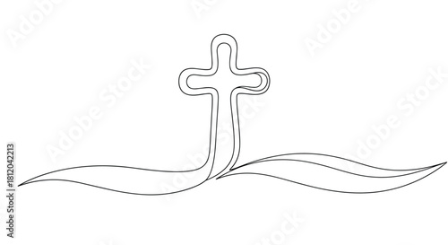 Stylized cross emerging from wavy lines, symbolizing faith and new beginnings.