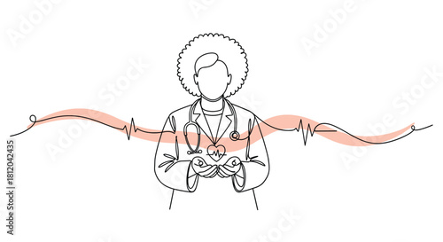 Doctor holding a heart symbol with a heartbeat line flowing around.